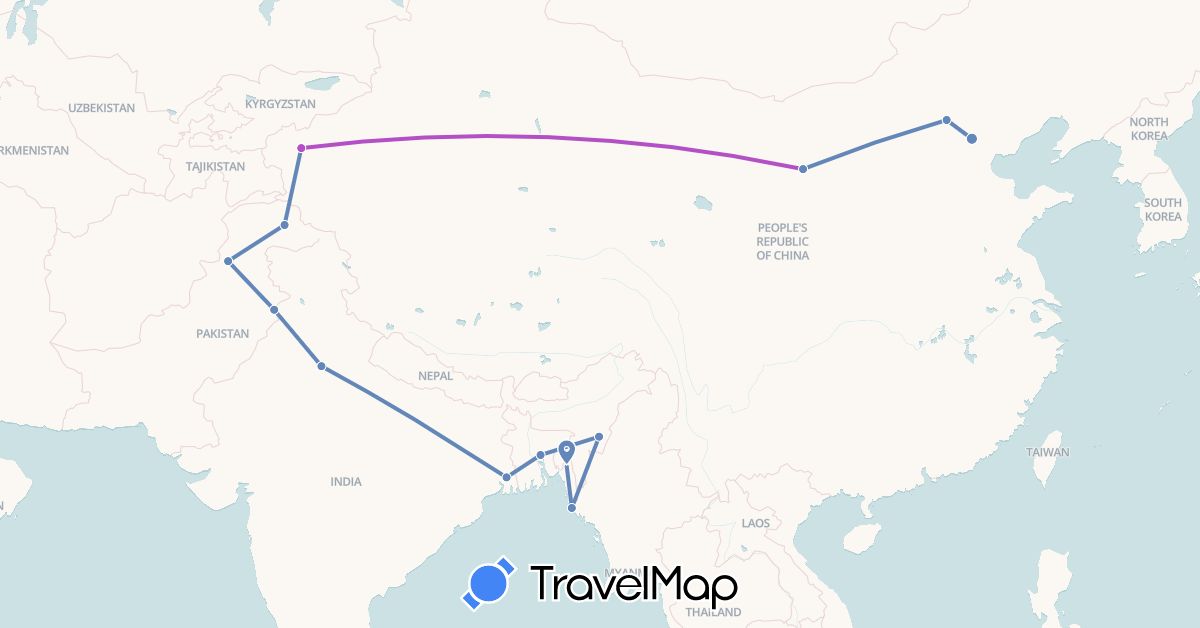 TravelMap itinerary: driving, cycling, train in Bangladesh, China, India, Pakistan (Asia)